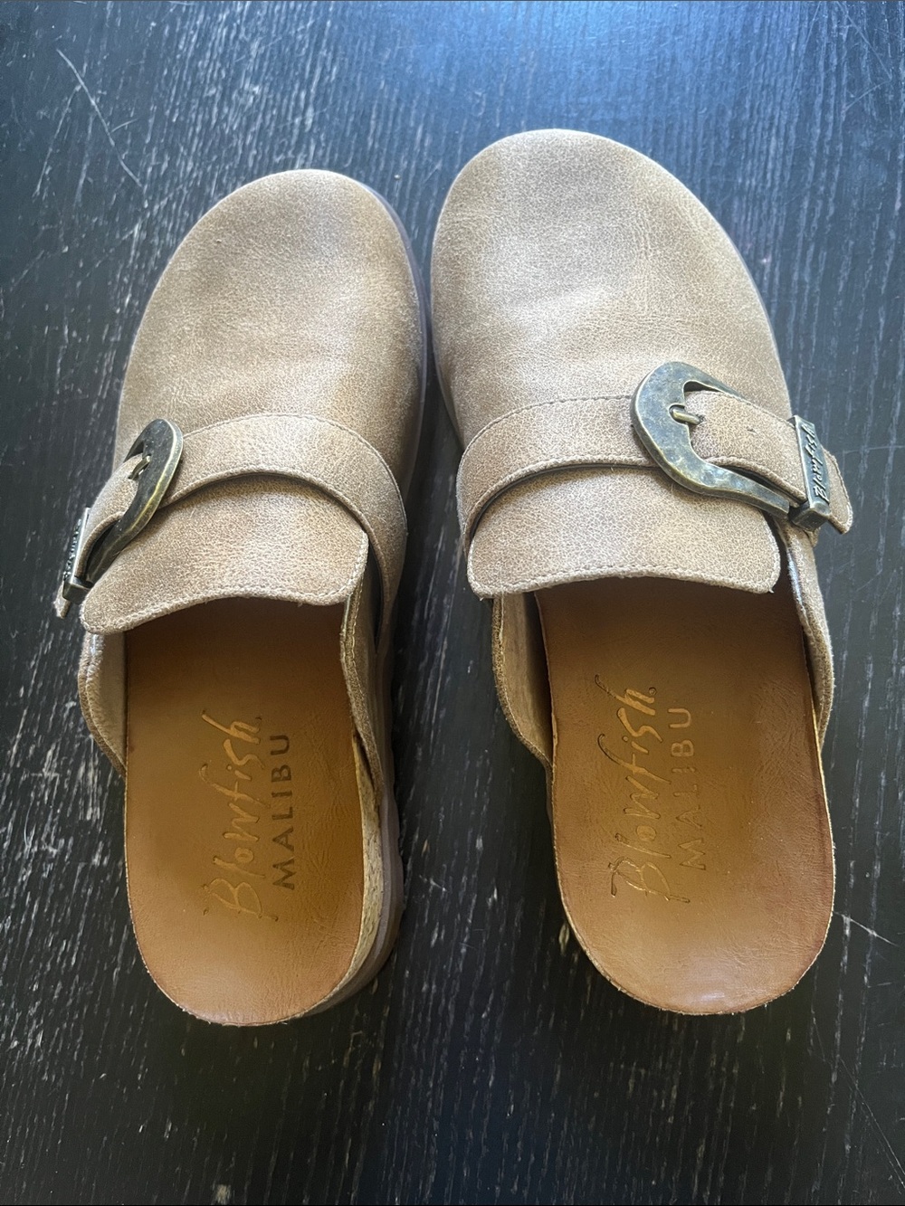 Blondo Taupe Suede Clog Mules with Buckle